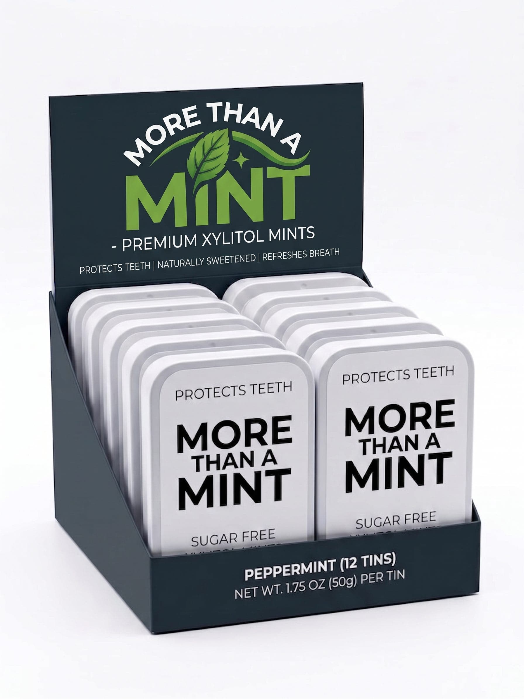 Countertop display case of 12 More Than A Mint peppermint tins